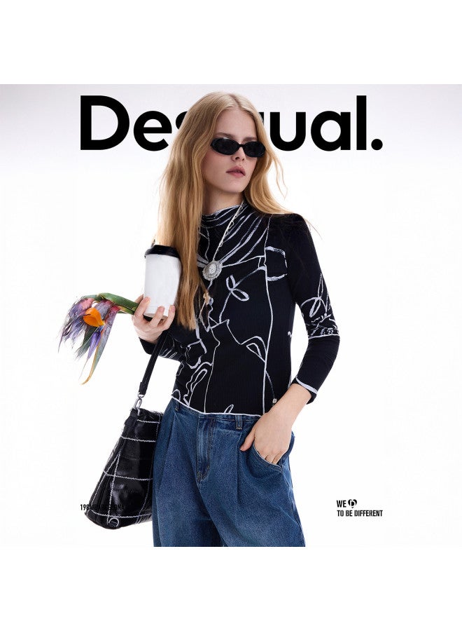 DESIGUAL 【Spanish Fashion Luxury 25 Autumn Winter New Collection Black And White Line Floral Print Topstitch Decoration Women'S T-Shirt - Image 5