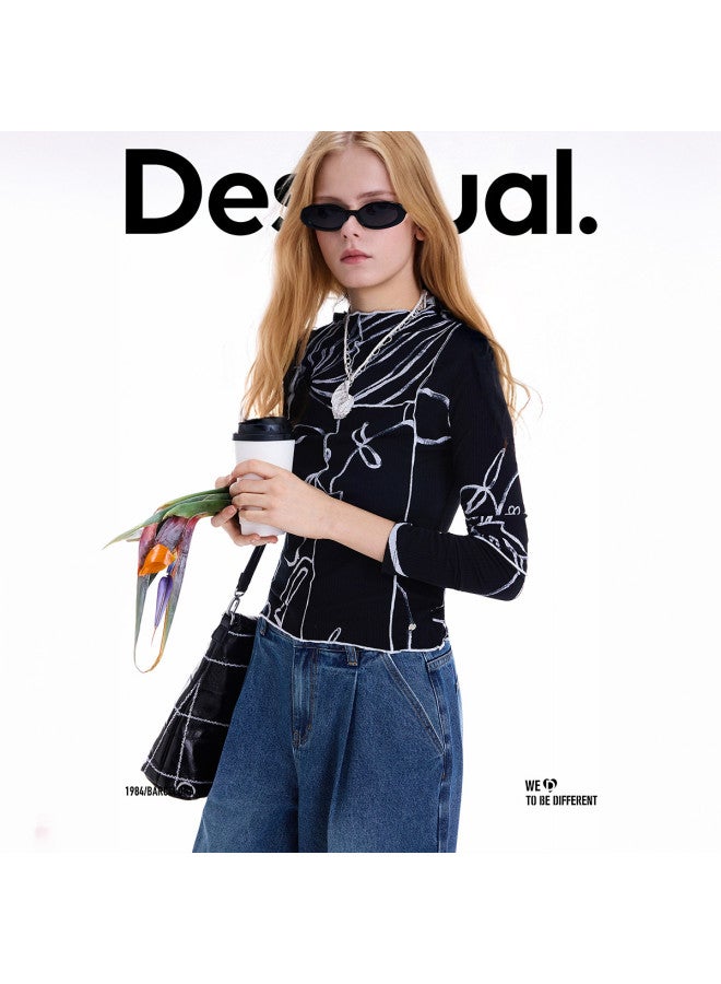 DESIGUAL 【Spanish Fashion Luxury 25 Autumn Winter New Collection Black And White Line Floral Print Topstitch Decoration Women'S T-Shirt - Image 4