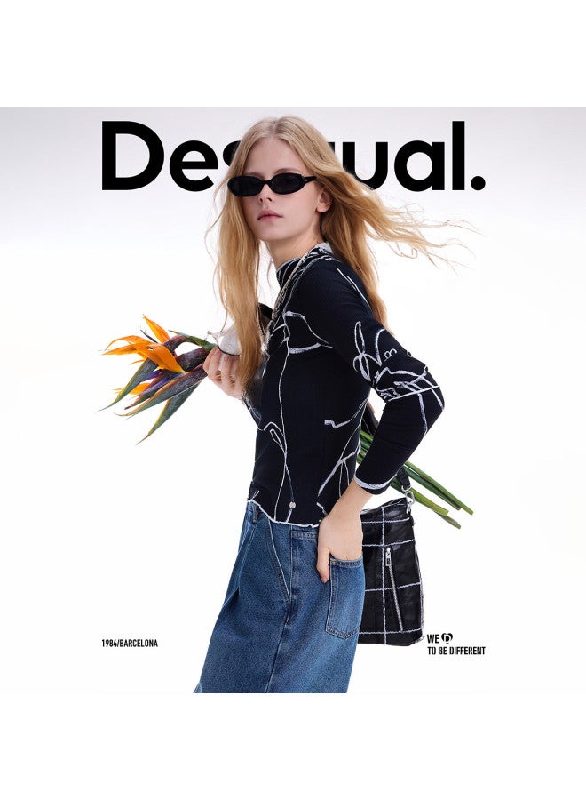 DESIGUAL 【Spanish Fashion Luxury 25 Autumn Winter New Collection Black And White Line Floral Print Topstitch Decoration Women'S T-Shirt - Image 2