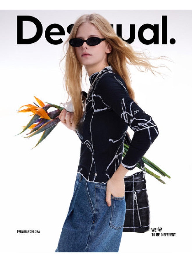 DESIGUAL 【Spanish Fashion Luxury 25 Autumn Winter New Collection Black And White Line Floral Print Topstitch Decoration Women'S T-Shirt - Image 1