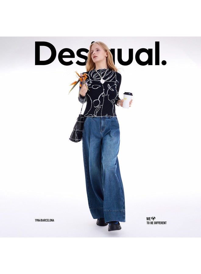 DESIGUAL 【Spanish Fashion Luxury 25 Autumn Winter New Collection Black And White Line Floral Print Topstitch Decoration Women'S T-Shirt - Image 3
