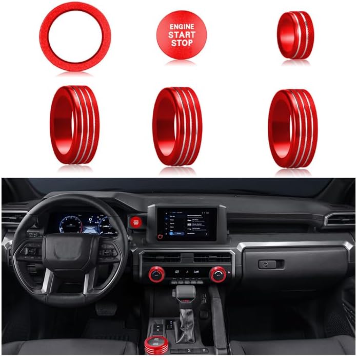 HDUFC For Toyota Tacoma 2024 2025/4Runner/4Runner Hybrid 2025 One Touch Start, Screen Center Console Button Knob Cover Ring Air Conditioner AC Switch Audio Aluminum Alloy Parts 6pcs (8-inch screen, red) - Image 1