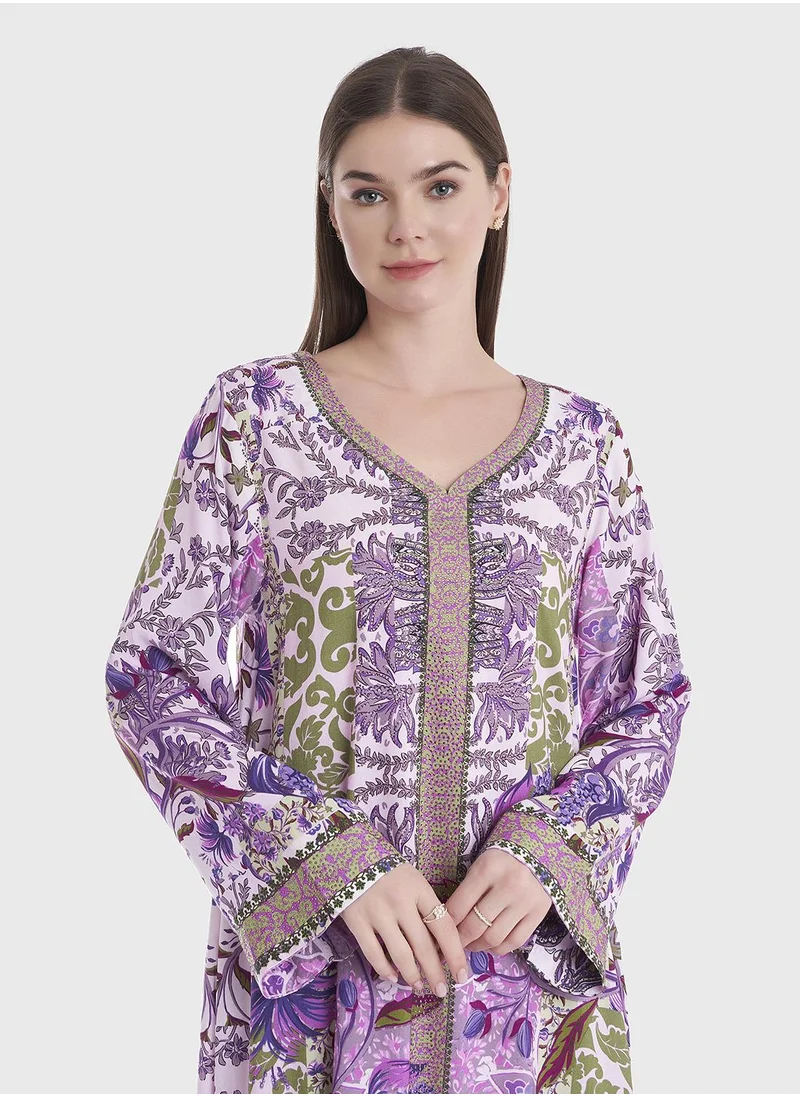 KASHKHA Abstract and Floral Digital Print Jalabiya