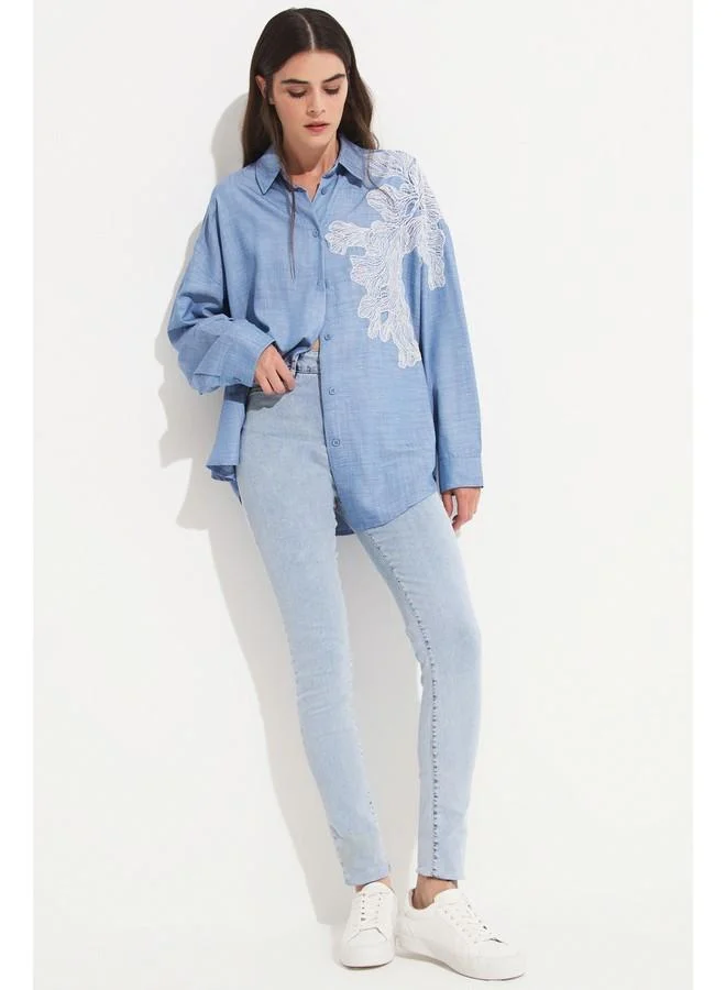 JUNE June 100% Tencel Embroidery Detailed Shirt Light Blue