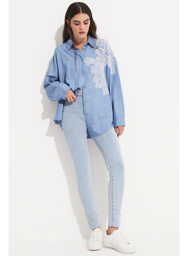 June 100% Tencel Embroidery Detailed Shirt Light Blue - Image 5