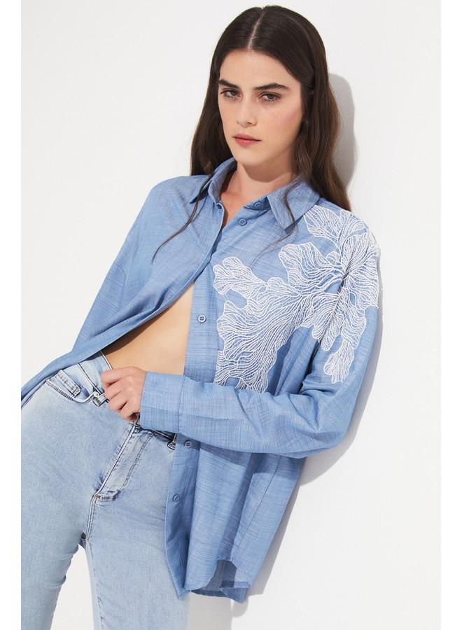 June 100% Tencel Embroidery Detailed Shirt Light Blue - Image 1