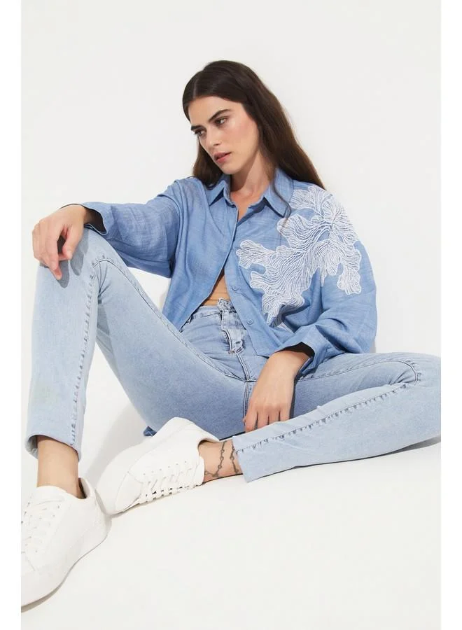 JUNE June 100% Tencel Embroidery Detailed Shirt Light Blue