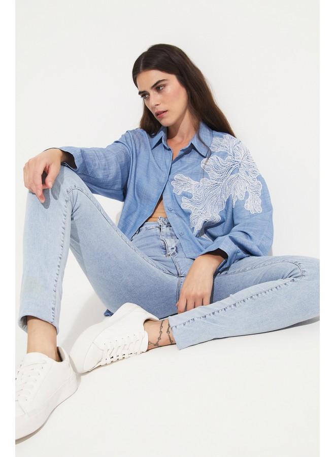 June 100% Tencel Embroidery Detailed Shirt Light Blue - Image 4