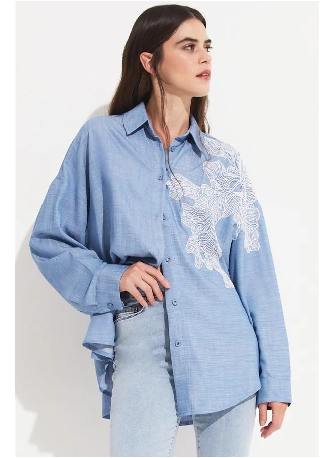 JUNE June 100% Tencel Embroidery Detailed Shirt Light Blue