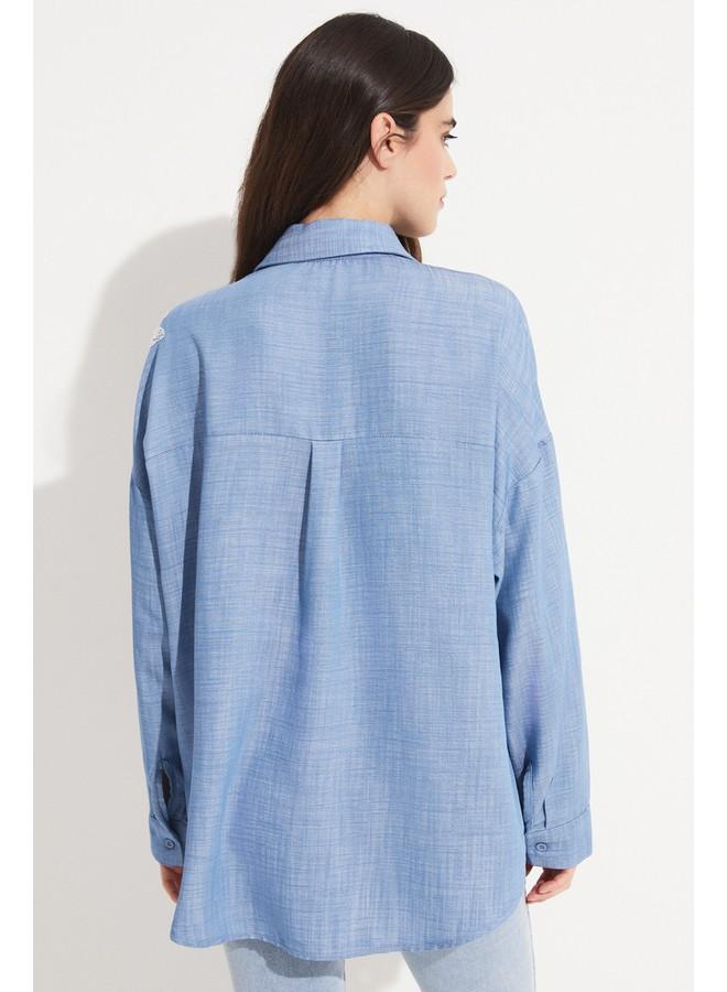 June 100% Tencel Embroidery Detailed Shirt Light Blue - Image 3