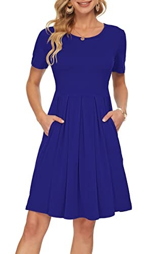 AUSELILY Women's Short Sleeve Summer Dress Pleated Loose Swing Knee Length Dresses with Pockets 2025 New Royal Blue XL - Image 3