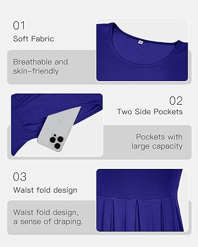 AUSELILY Women's Short Sleeve Summer Dress Pleated Loose Swing Knee Length Dresses with Pockets 2025 New Royal Blue XL - Image 2