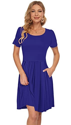 AUSELILY Women's Short Sleeve Summer Dress Pleated Loose Swing Knee Length Dresses with Pockets 2025 New Royal Blue XL - Image 4