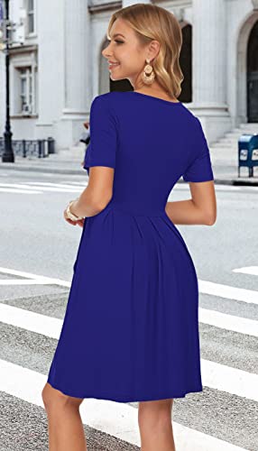 AUSELILY Women's Short Sleeve Summer Dress Pleated Loose Swing Knee Length Dresses with Pockets 2025 New Royal Blue XL - Image 5