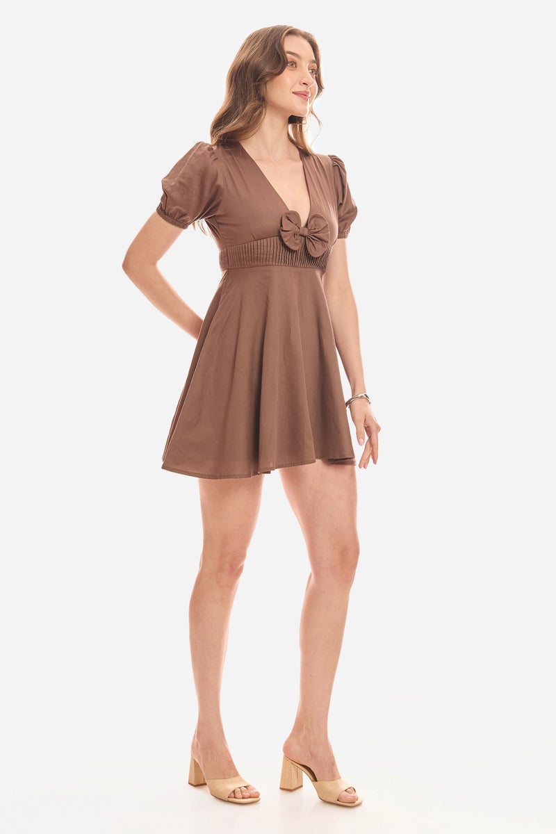 Virgio Solid Cotton Bow Detail V-Neck Dress for Women - Image 2