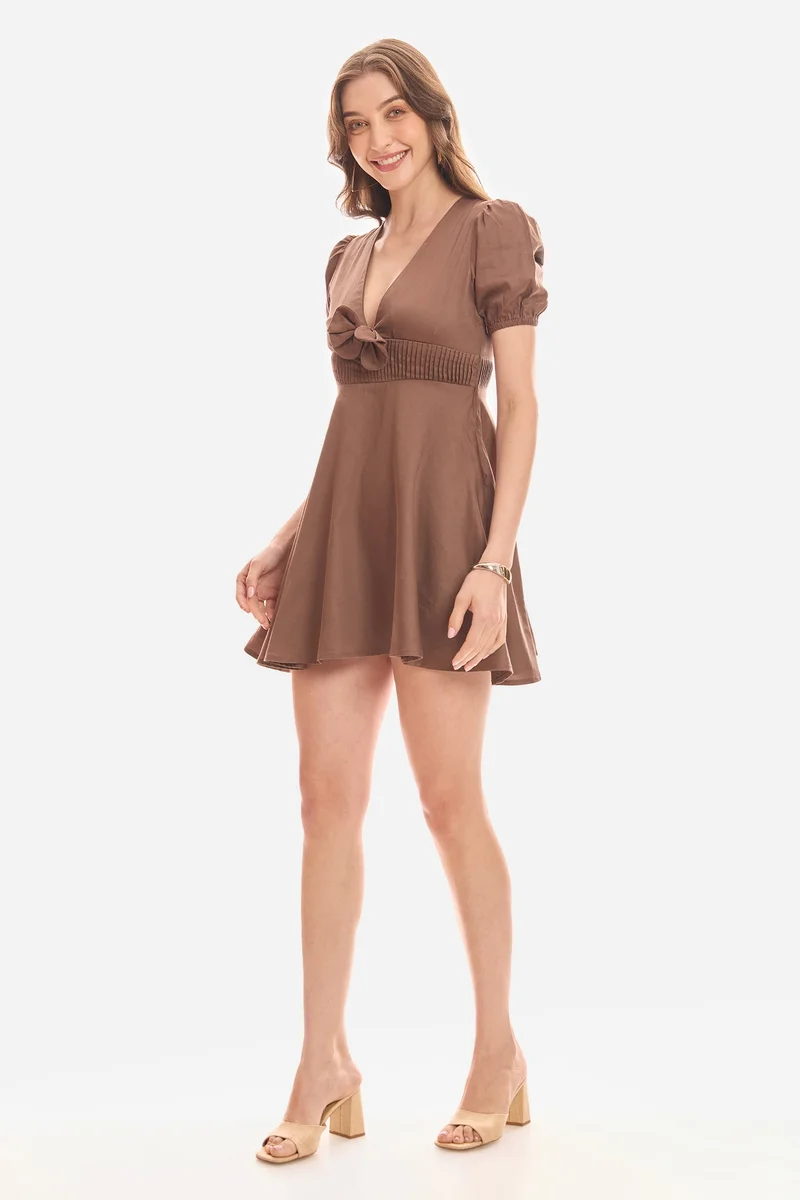 Virgio  Solid Cotton Bow Detail V-Neck Dress for Women for Women | Best Price UAE
