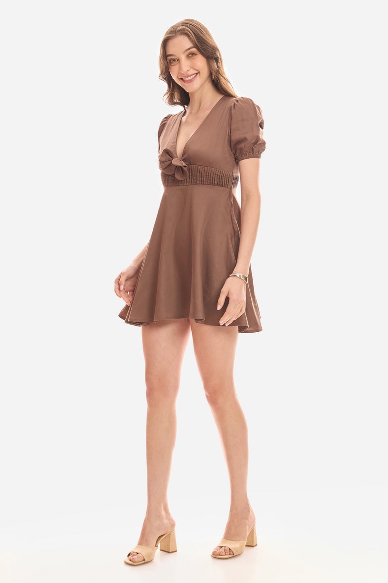 Virgio Solid Cotton Bow Detail V-Neck Dress for Women - Image 3