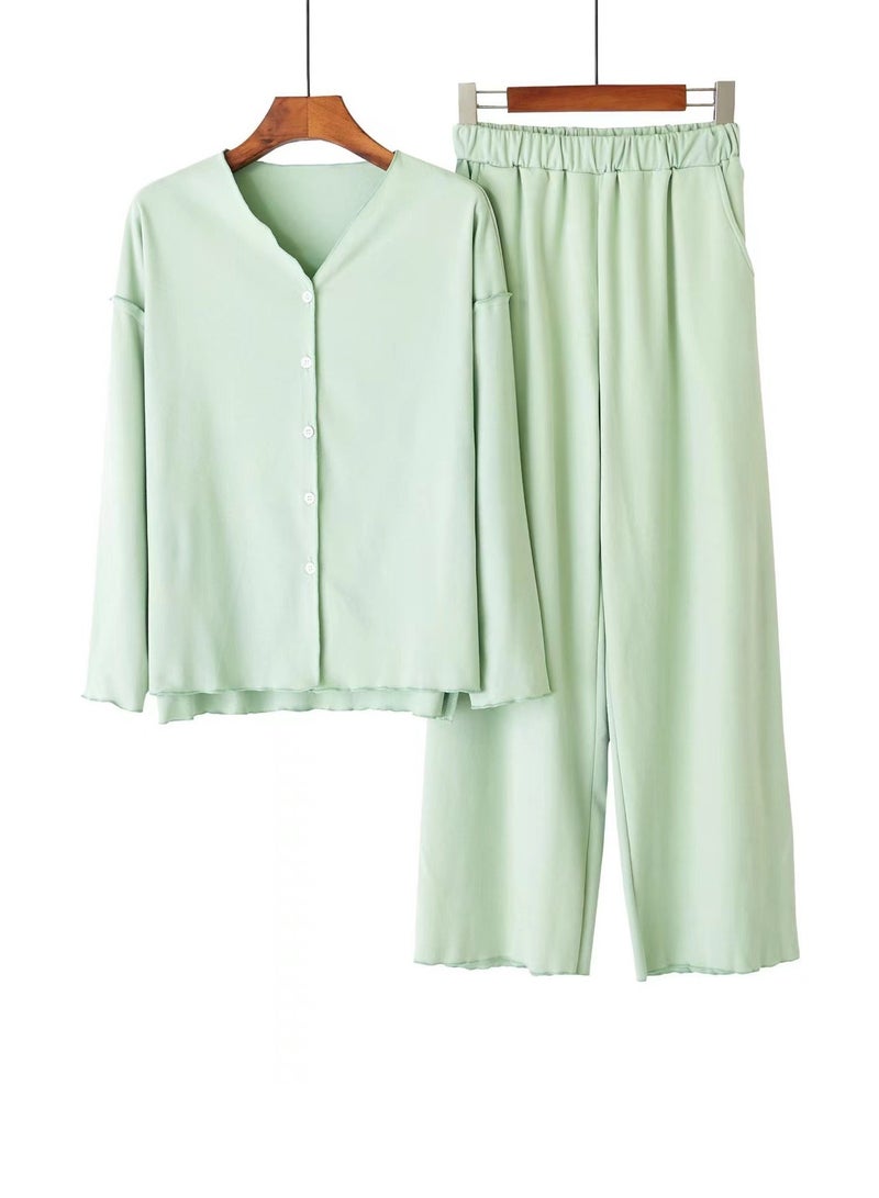 Loquat Women's Solid Color 2-Piece Set Loose Nightgown Sleepwear Long Sleeve V-Neck Top And Pants Soft Loungewear Wear Warm Pajamas Suit Light Green 