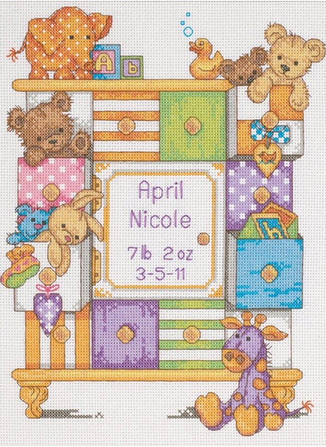 Dimensions - Counted Cross Stitch Kit Baby Drawers Birth Record Personalized Baby Gift, 14 Count White Aida, 9" x 12" - Image 1