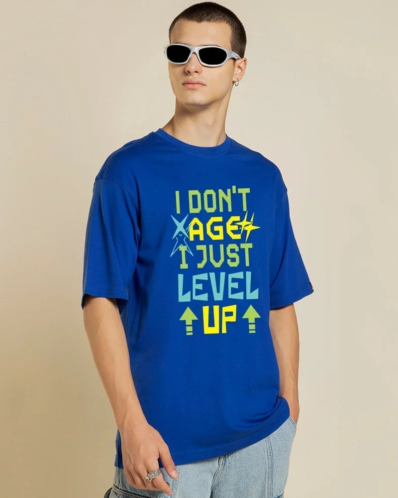 bewakoof Men's Blue Level Up Typography Oversized T-shirt