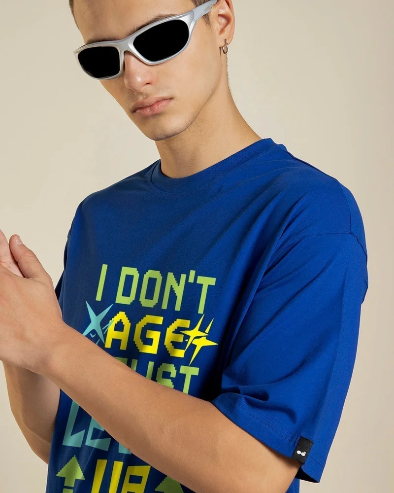 bewakoof Men's Blue Level Up Typography Oversized T-shirt