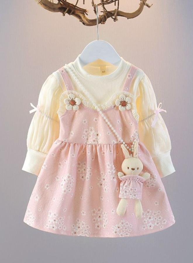 يونيكي Peach A-Line Crew Neck Floral Dress - Image 1