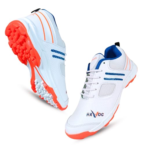Prokick Havoc Cricket Shoes for Men and Women|Lightweight & Durable Cricket Shoes|PVC Studs Spikes Sports Shoe for Unisex|Synthetic Leather Upper Sports Shoes|EVA Sockliner, White/Orange/Blue-7 UK - Image 1