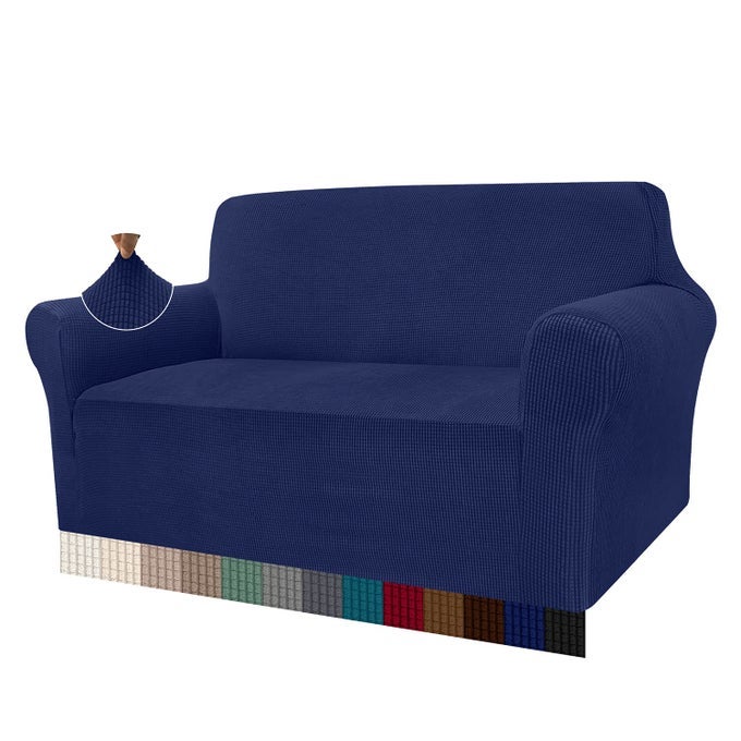 HIGH STRETCH SOFA COVERS 2 SEATER SUPER SOFT LOVESEAT COVER UNIVERSAL COUCH COVERS JACQUARD SOFA COVER FOR DOGS NON SLIP FURNITURE PROTECTOR MACHINE WASHABLE 2 SEATER NAVY BLUE