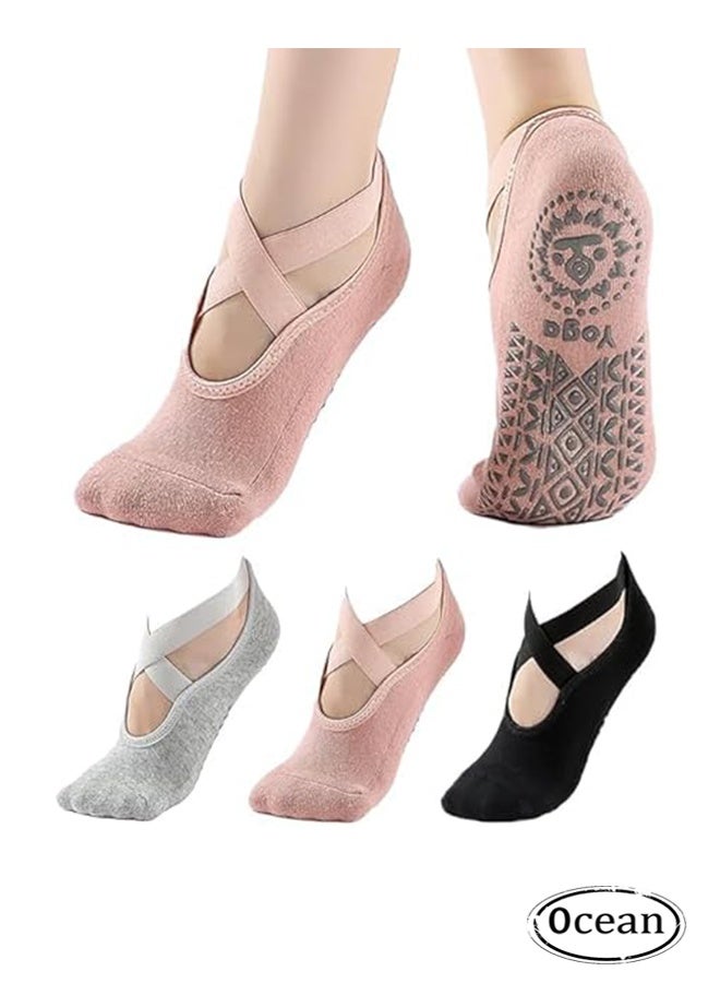 Ocean 3 Pairs Yoga Socks, Non-Slip Cotton Socks for Pilates Pure Barre Ballet Dance Socks Barefoot Workout Socks（Pink, Black, Grey） - Image 1