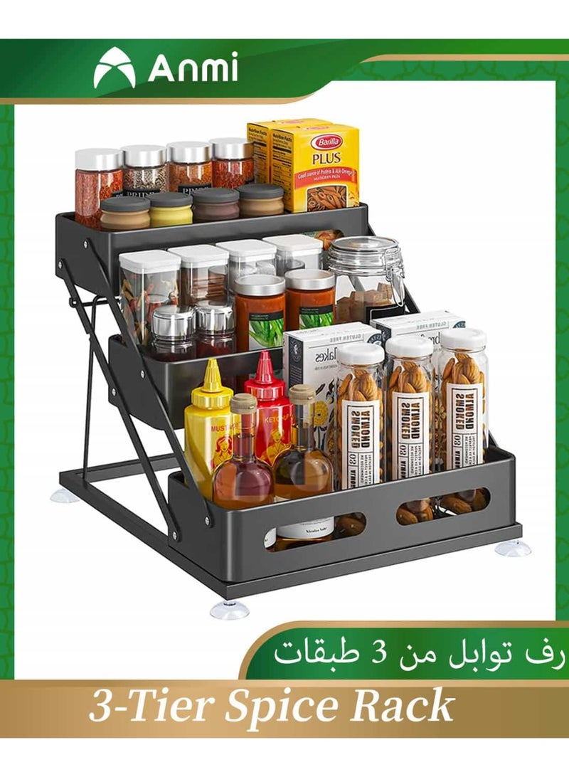 Anmi Adjustable 3-Tier Spice Rack Organizer– Two Height Options, Large Capacity Seasoning Organizer Shelf, Spice Holder with 2.36 High Protection Railing, Metal, Black - Image 1