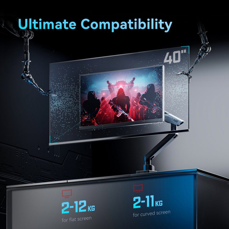 Humanex Stealth Mecha Premium Professional Gaming Monitor Arm, Single Monitor Desk Mount for 17–40″ Screens, Supports up to 12 kg, Full Motion Tilt, Swivel and 360° Screen Rotation, VESA 75×75 / 100×100, Built In Cable Management, C-Clamp and Grommet – ( Model TX02 1G – Black ) - Image 4