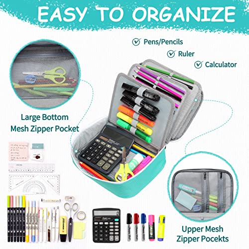VASCHY Large Pencil Case, Art Color Pencils Pouch with Detachable Layers Multiple Zip Pockets for School Office Stationary Organization Turq - Image 4