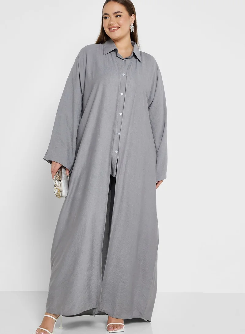 Hayas Closet Curve Button Down Shirt & Abaya Set