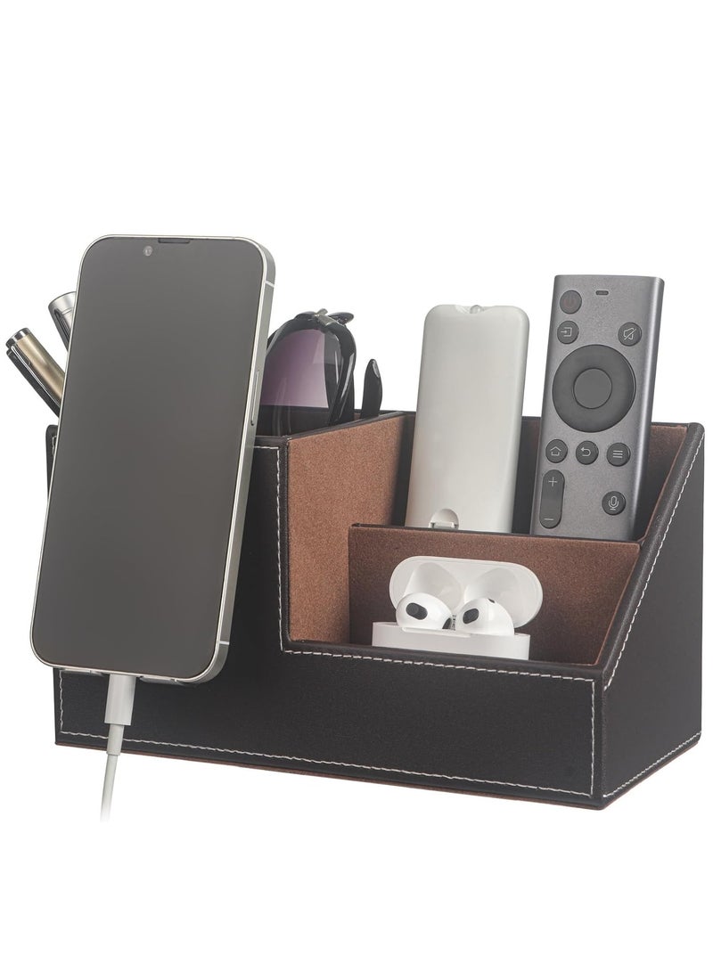KASTWAVE Desk Organizer Office Supplies Caddy Pu Leather Multi-function Storage Box Pen/Pencil,Cell phone with Stainless Holder, Business Name Cards Remote Control Holder, Brown - Image 1