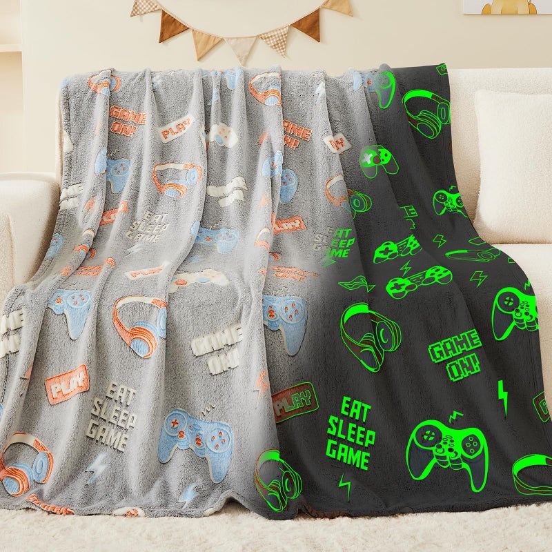 inhand Glow in The Dark Gaming Blanket Gamer Gifts for Boys Controller Kids Blanket Toys for Kids Boys Game Gamepad Presents Easter Birthday Easter Bedroom DecorGrey 50x60