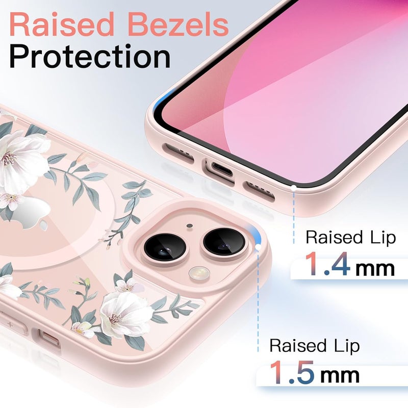 VONZEE Compatible with iPhone 15 Case Luxury Retro Flowers Floral Clear for Magnetic Wireless Charging Case Shockproof Case PC+TPU Cute Glossy Shiny Cover for Girls Women, 6.1'' Pink - Image 3