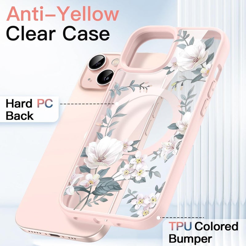 VONZEE Compatible with iPhone 15 Case Luxury Retro Flowers Floral Clear for Magnetic Wireless Charging Case Shockproof Case PC+TPU Cute Glossy Shiny Cover for Girls Women, 6.1'' Pink - Image 4