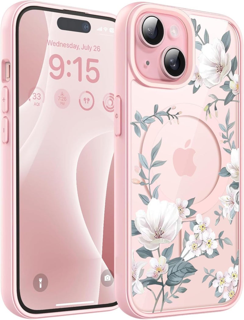 VONZEE Compatible with iPhone 15 Case Luxury Retro Flowers Floral Clear for Magnetic Wireless Charging Case Shockproof Case PC+TPU Cute Glossy Shiny Cover for Girls Women, 6.1'' Pink - Image 1