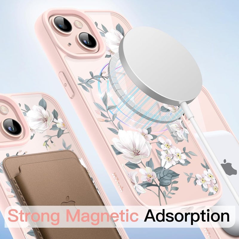 VONZEE Compatible with iPhone 15 Case Luxury Retro Flowers Floral Clear for Magnetic Wireless Charging Case Shockproof Case PC+TPU Cute Glossy Shiny Cover for Girls Women, 6.1'' Pink - Image 5