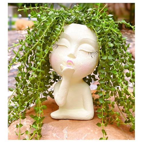 EylbKey Face Planter Pots Resin Air Kiss Head Face Planter Standing Flower Pots for Trailing Plants Handcrafted Succulent Planter Pot for Indoor and Outdoor Plants Pale Yellow 1Pack - Image 3