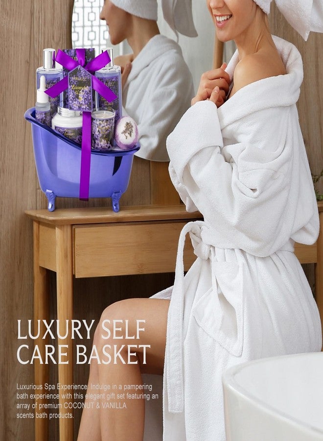 PURLEZZ Birthday Gifts for Women, Luxury Home Spa Kit, 8pcs Lavender & Lilac Bath Gift Set, Gift Baskets for Women Unique with Bath Bombs, Sea Salt, Scented Candle, Body Lotion - Image 3