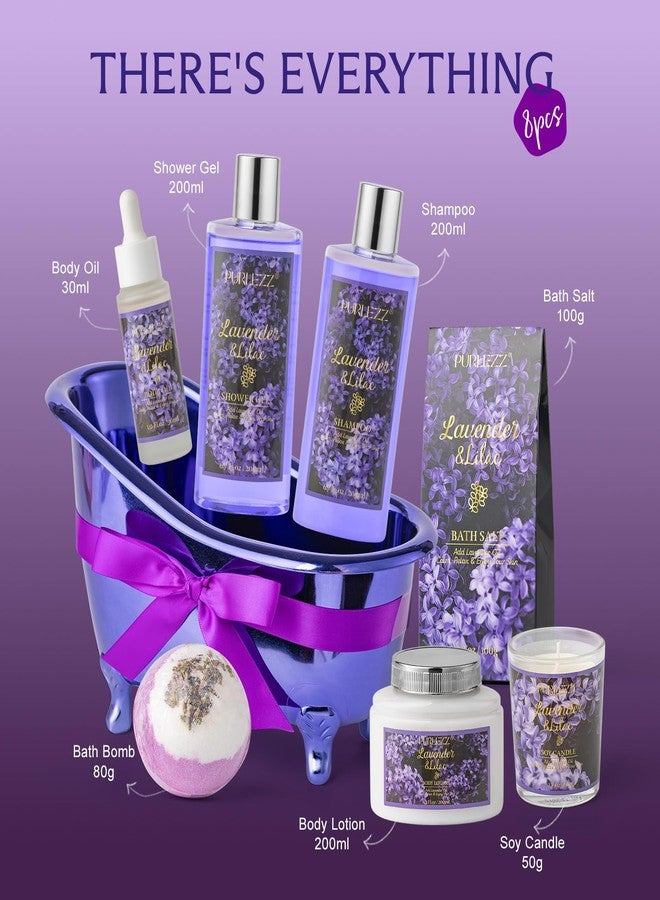 PURLEZZ Birthday Gifts for Women, Luxury Home Spa Kit, 8pcs Lavender & Lilac Bath Gift Set, Gift Baskets for Women Unique with Bath Bombs, Sea Salt, Scented Candle, Body Lotion - Image 2