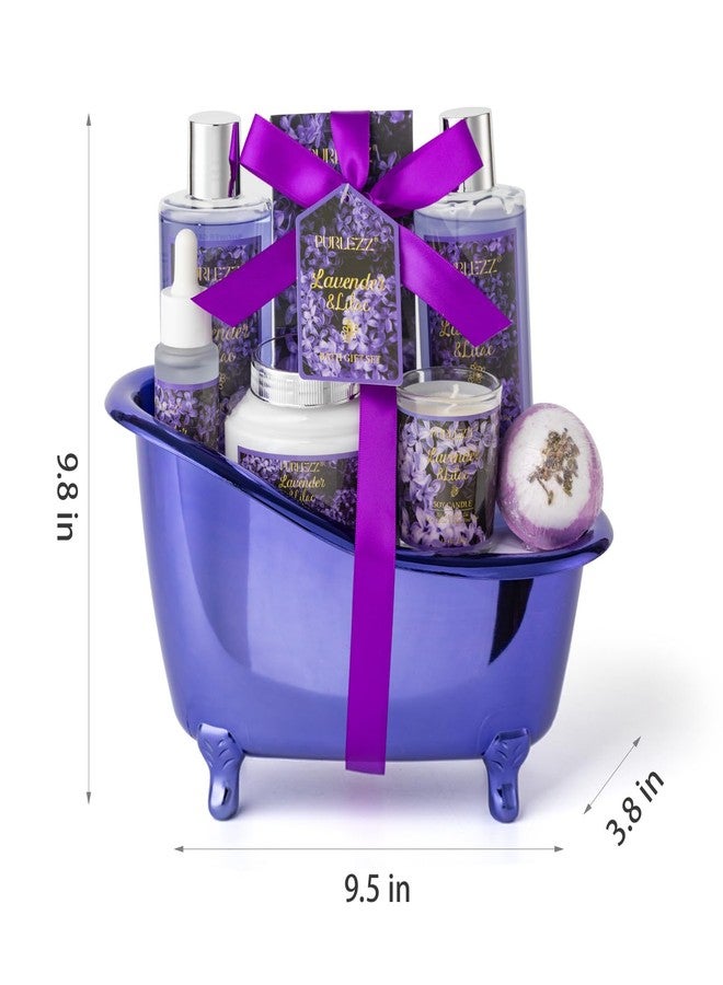 PURLEZZ Birthday Gifts for Women, Luxury Home Spa Kit, 8pcs Lavender & Lilac Bath Gift Set, Gift Baskets for Women Unique with Bath Bombs, Sea Salt, Scented Candle, Body Lotion - Image 4