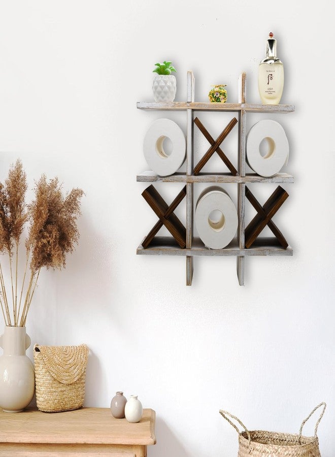 Owlgift Tic Tac Toe Toilet Paper Holder Rack Rustic Whitewashed Wooden Toilet Paper Storage Bathroom Hanging Storage Wall Mounted Shelves Décor for Toilet Tissue Farmhouse - Image 2