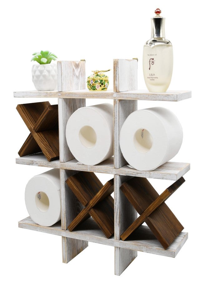 Owlgift Tic Tac Toe Toilet Paper Holder Rack Rustic Whitewashed Wooden Toilet Paper Storage Bathroom Hanging Storage Wall Mounted Shelves Décor for Toilet Tissue Farmhouse - Image 3