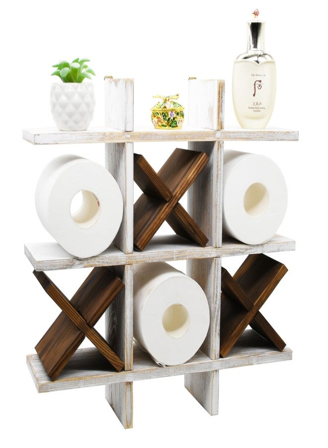 Owlgift Tic Tac Toe Toilet Paper Holder Rack Rustic Whitewashed Wooden Toilet Paper Storage Bathroom Hanging Storage Wall Mounted Shelves Décor for Toilet Tissue Farmhouse - Image 1
