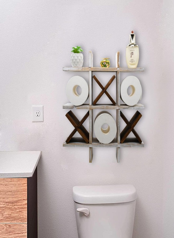 Owlgift Tic Tac Toe Toilet Paper Holder Rack Rustic Whitewashed Wooden Toilet Paper Storage Bathroom Hanging Storage Wall Mounted Shelves Décor for Toilet Tissue Farmhouse - Image 4