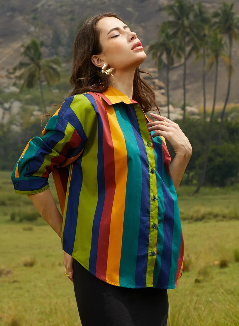 Campus Sutra Women's Emerald Green & Royal Blue Balanced Striped Oversized Shirt