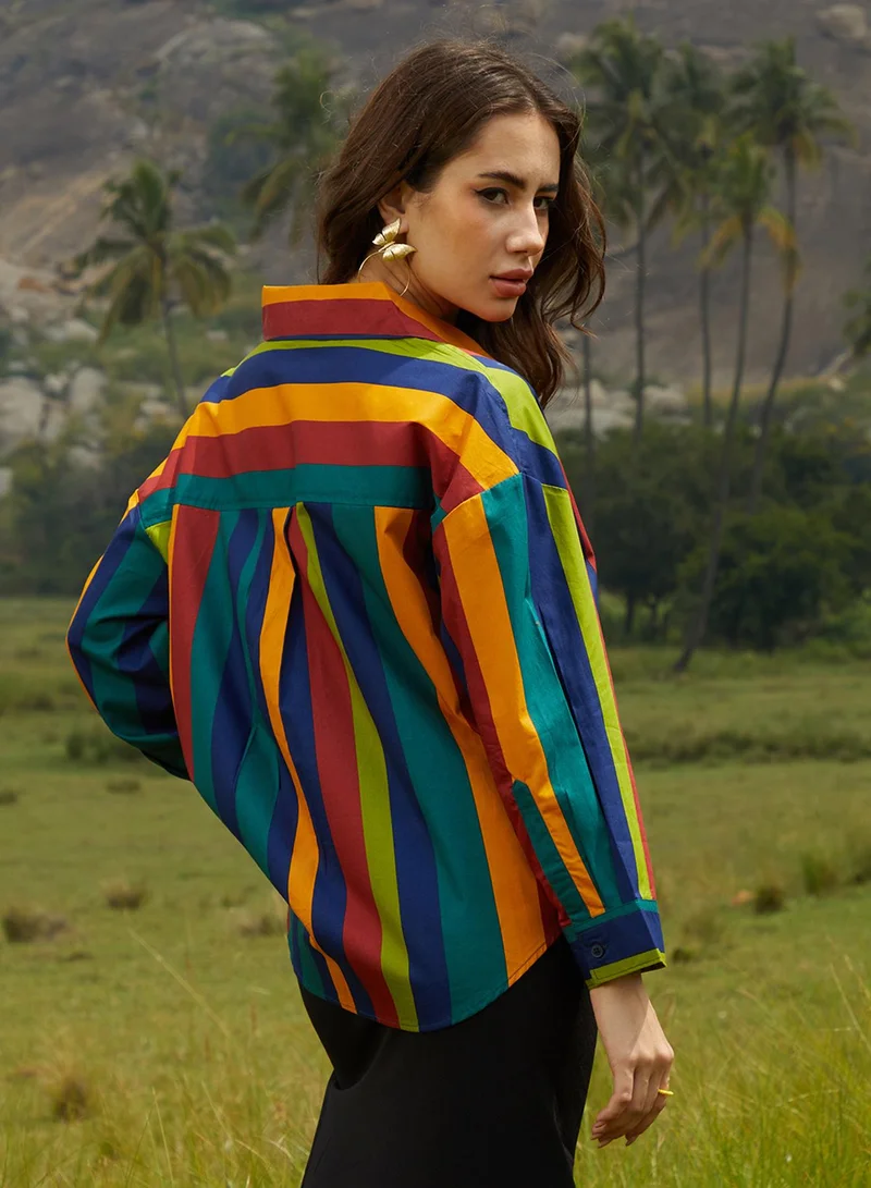 Campus Sutra Women's Emerald Green & Royal Blue Balanced Striped Oversized Shirt