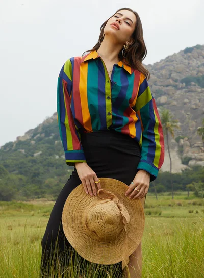 Campus Sutra Women's Emerald Green & Royal Blue Balanced Striped Oversized Shirt